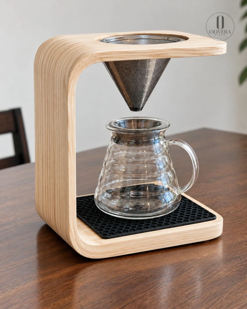 Cafetera artesanal Olivera Studio: soporte de madera curvada con filtro metálico y jarra de vidrio